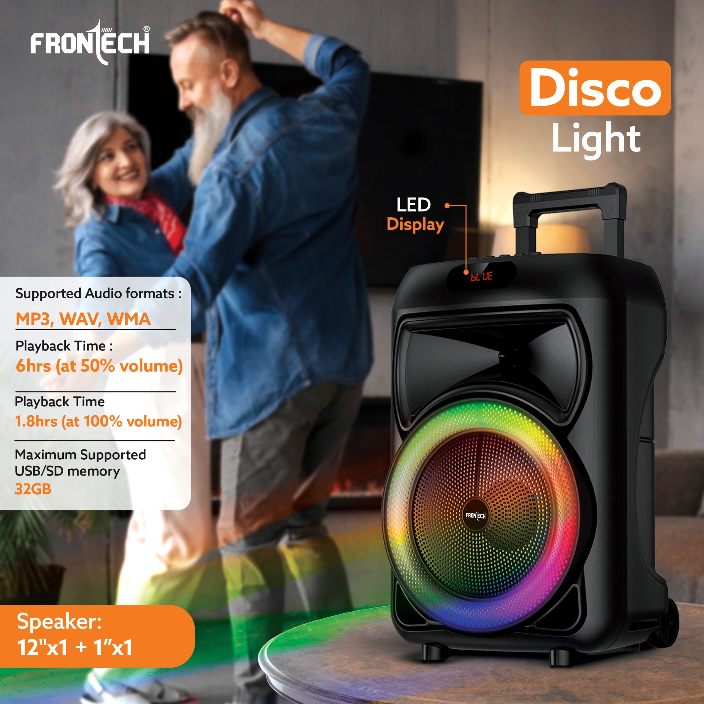 Frontech Encore Multimedia Wireless Trolley Speaker - 30W Output, Bluetooth 5.0, LED Display, Disco Light, Wheels, Handle - (SW-0136) Frontech Encore Multimedia Wireless Trolley Speaker - 30W Output, Bluetooth 5.0, LED Display, Disco Light, Wheels, Handle - (SW-0136)